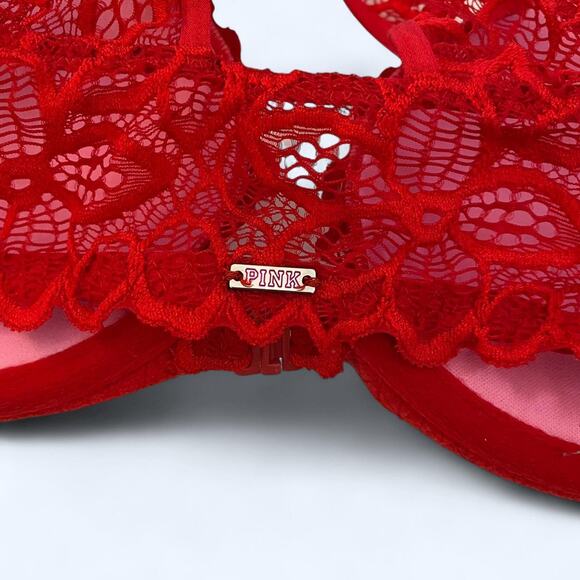 NWOT Pink Victoria's secret red lace balconette padded bra and clasp in front - Picture 6 of 6